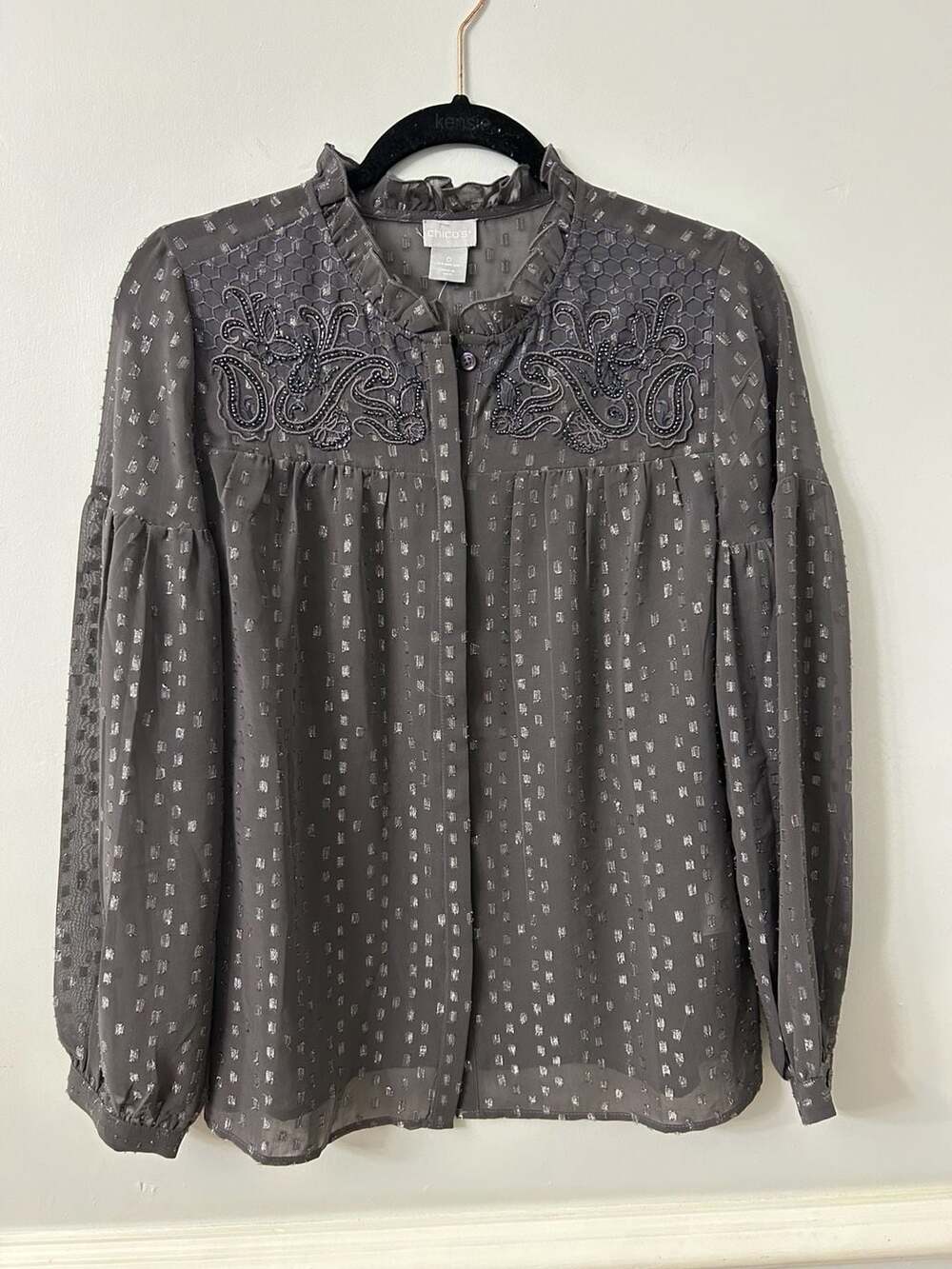 Chico's Embroidered Metallic Button Down Top